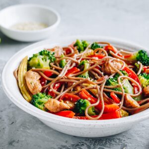 Chicken stir fry noodles bowl.