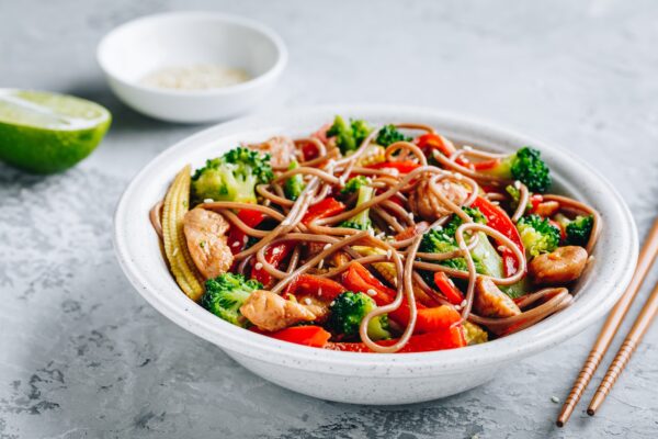 Chicken stir fry noodles bowl.