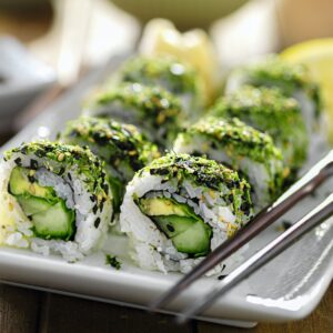 healthy vegetarian sushi with kale and avocado