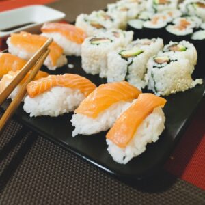 Homemade nigiri, california rolls and maki