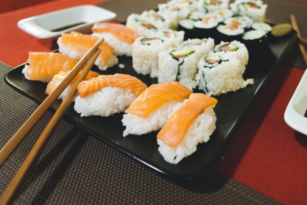 Homemade nigiri, california rolls and maki