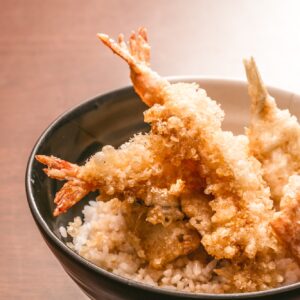 Tempura with rice in a bowl, Japanese food